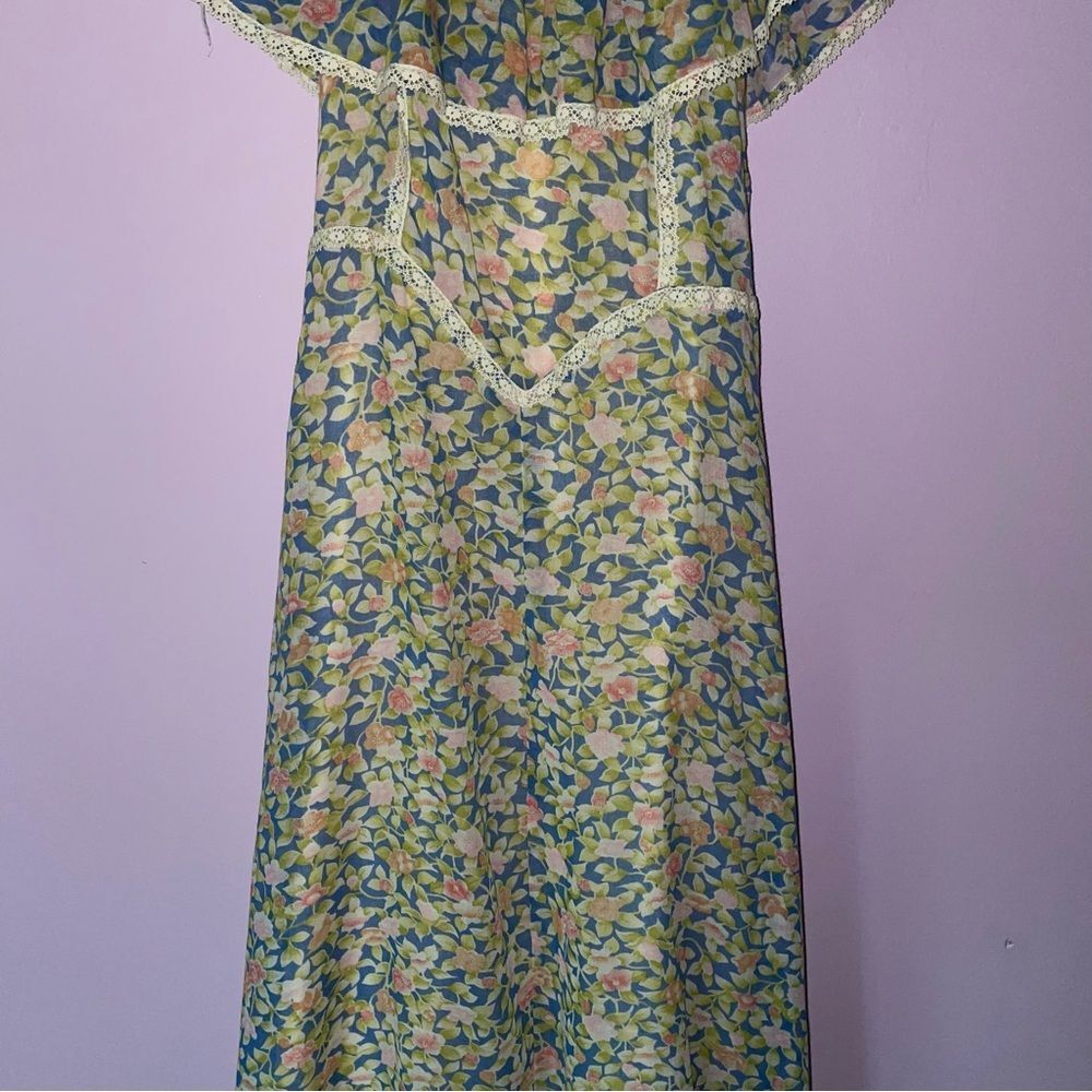 Camela of California S Maxi Dress 70s Ball Gown Blue Ditsy Floral Ruffle Boho - Picture 3 of 10